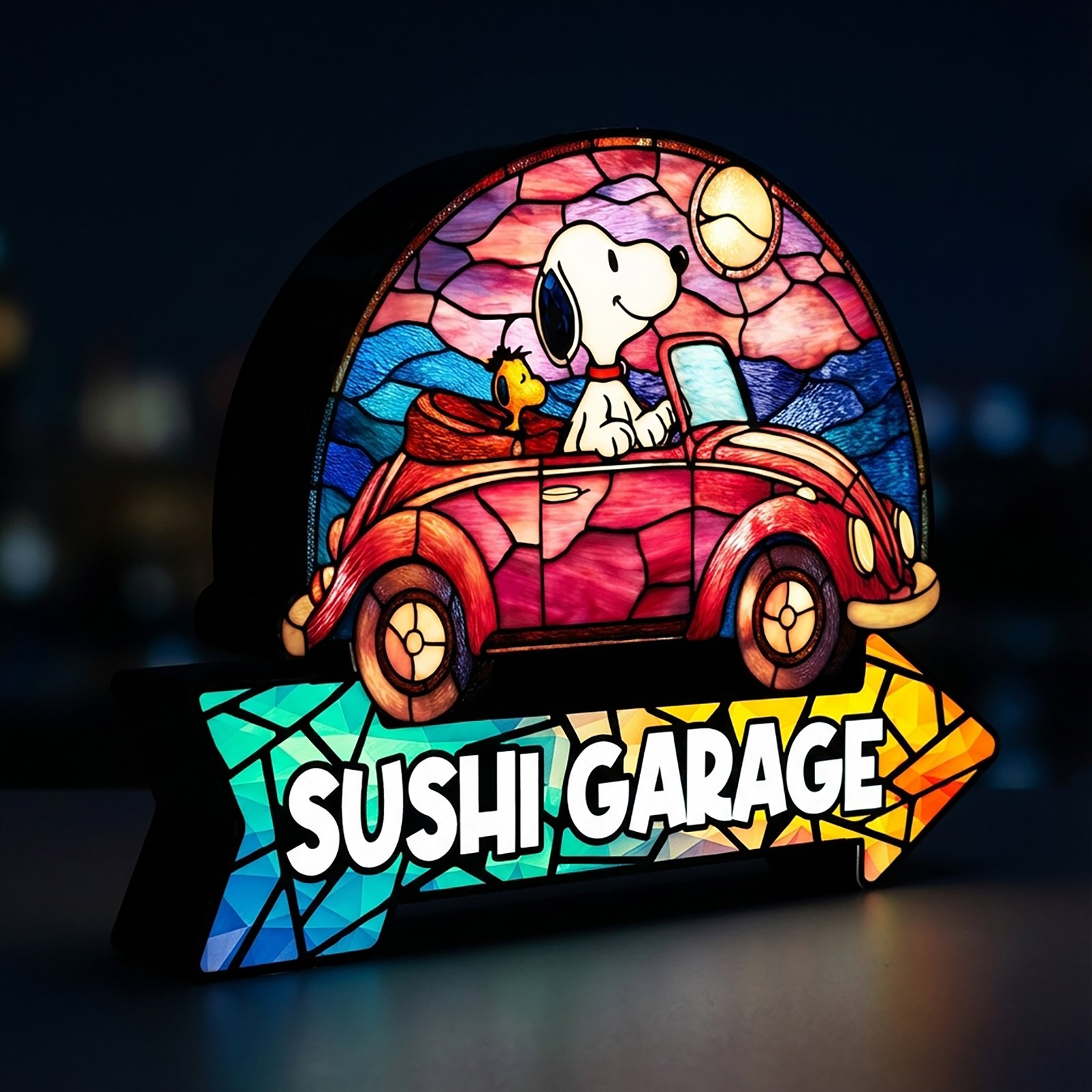 LED Garage Light Box Personalized – Cartoon Beagle Driving Car Sign with Arrow | Wooden Night Light for Diecast Car Display & Kids Room Decor - Image 2