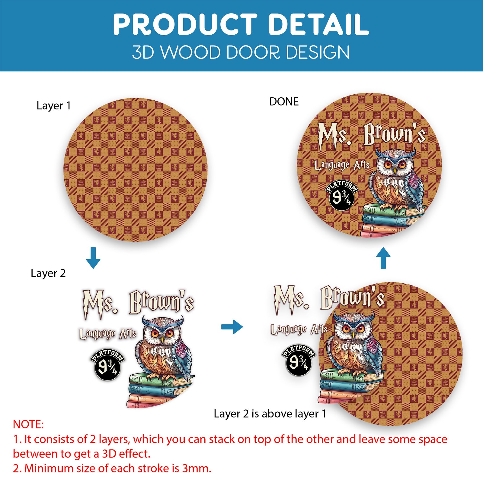 Wizard Classroom Door Sign – Personalized Wooden Teacher Name Plaque with Magical Owl & Spellbook Design - harry P - Image 5