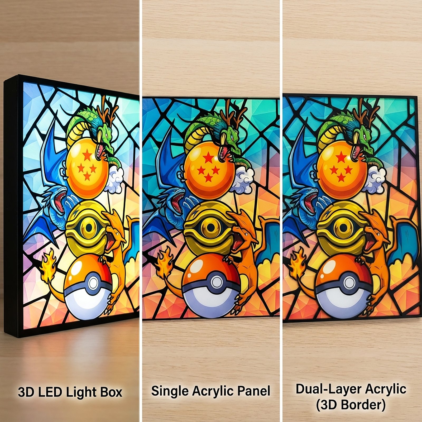Anime Gamer Light Box – Fantasy Creatures & Power Orbs Stained Glass Style LED Wall Art - Image 5