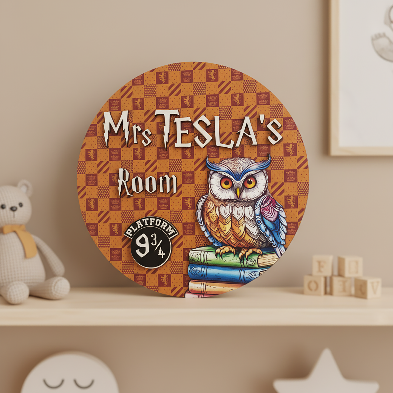 Wizard Classroom Door Sign – Personalized Wooden Teacher Name Plaque with Magical Owl & Spellbook Design - harry P - Image 2