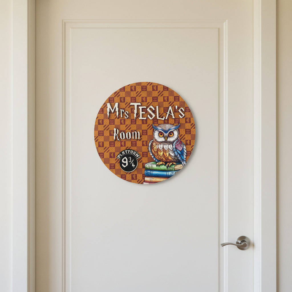Wizard Classroom Door Sign – Personalized Wooden Teacher Name Plaque with Magical Owl & Spellbook Design - harry P - Image 3