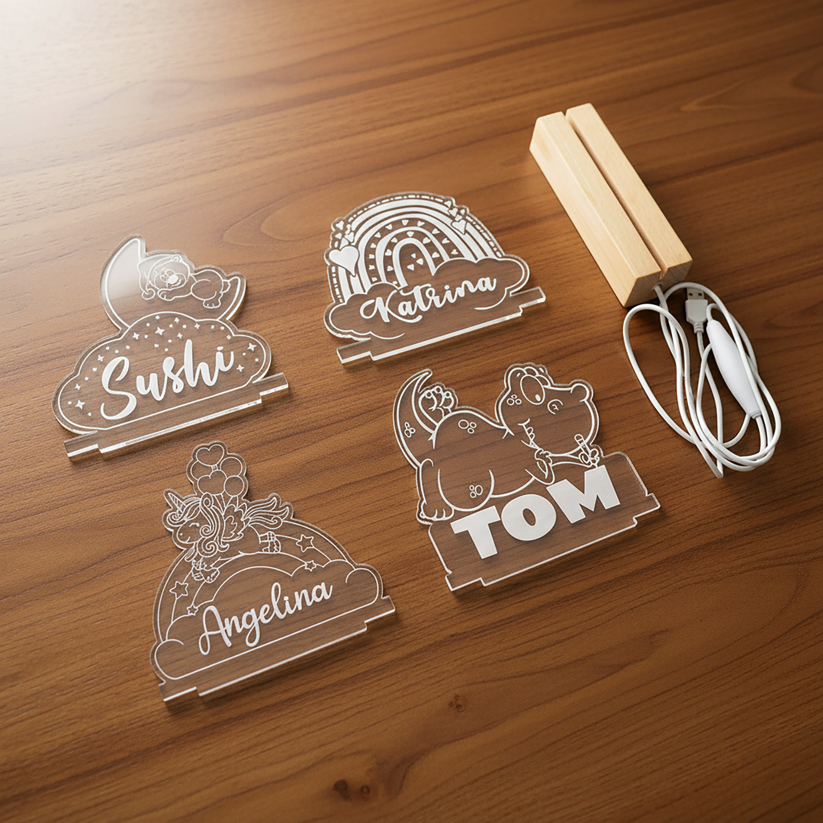 Kids Night Light – Wooden Base Engraved LED Lamp (Bear, Unicorn, T-Rex & Rainbow) - Image 8