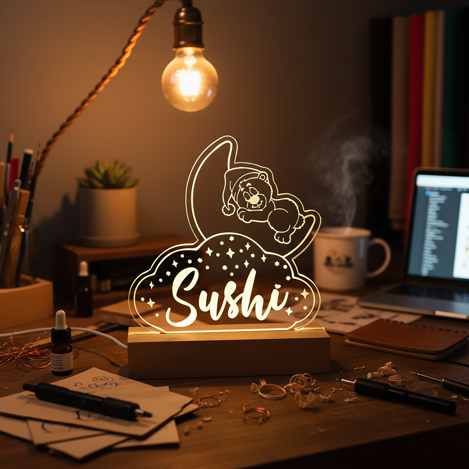 Kids Night Light – Wooden Base Engraved LED Lamp (Bear, Unicorn, T-Rex & Rainbow) - Image 2