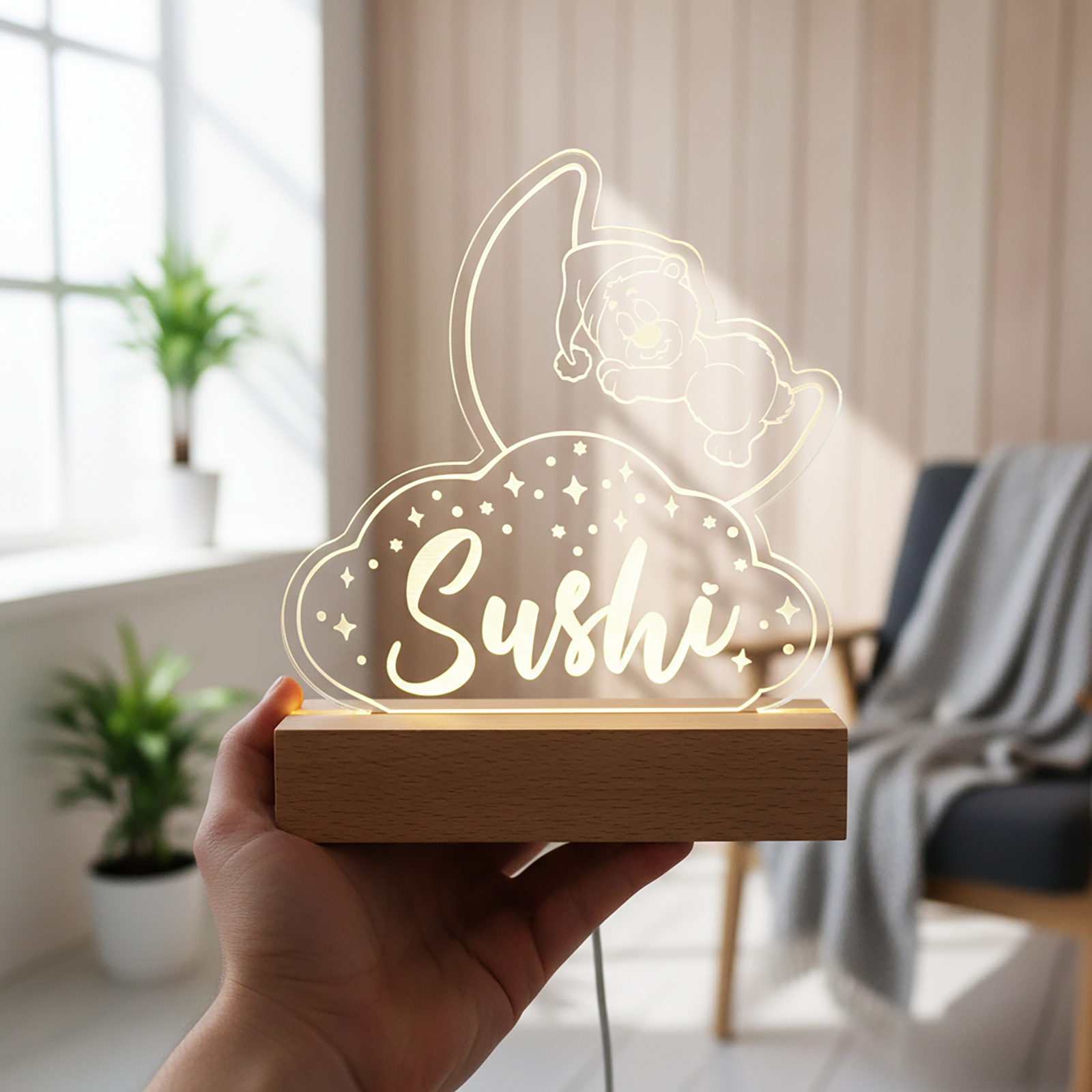 Kids Night Light – Wooden Base Engraved LED Lamp (Bear, Unicorn, T-Rex & Rainbow) - Image 5