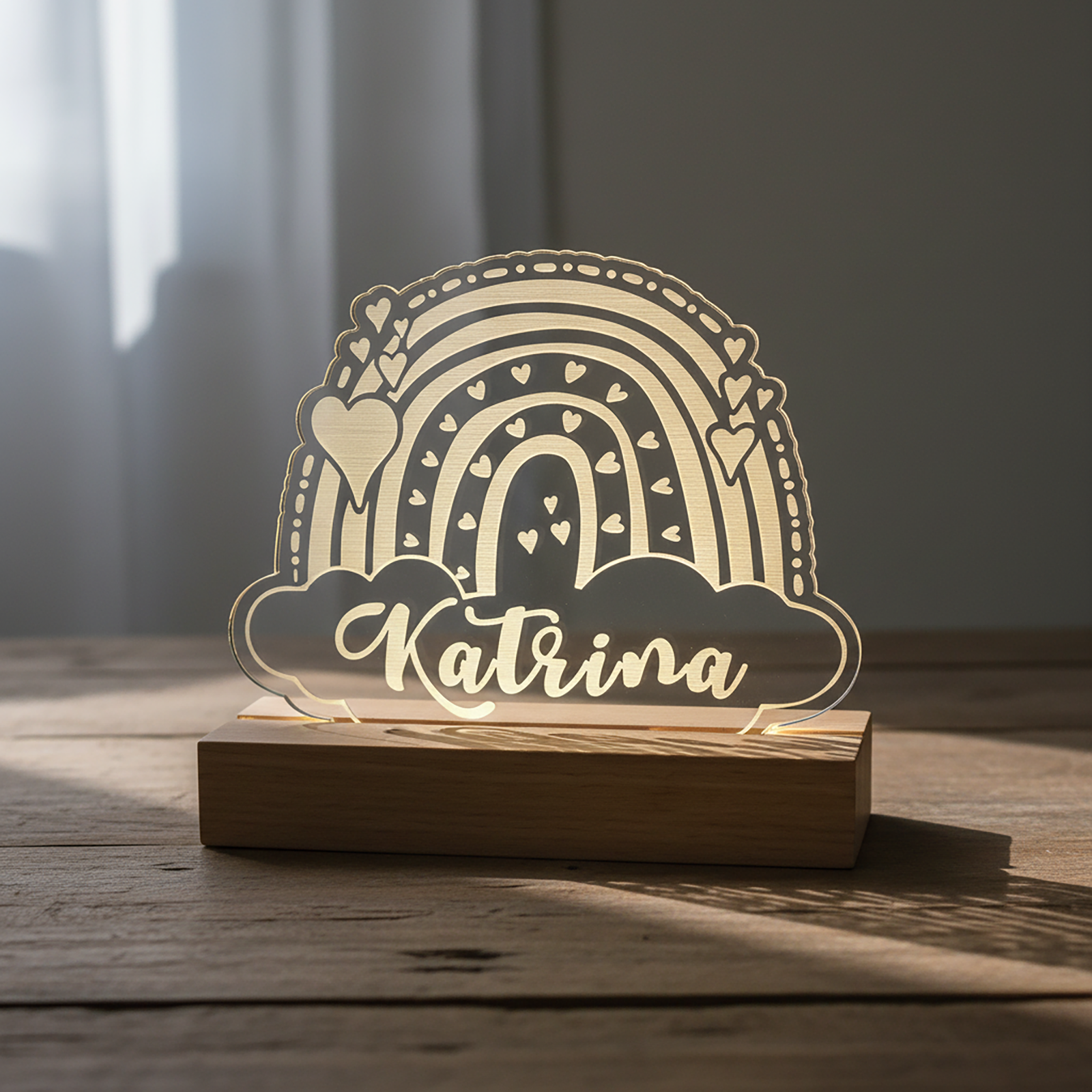 Kids Night Light – Wooden Base Engraved LED Lamp (Bear, Unicorn, T-Rex & Rainbow) - Image 12