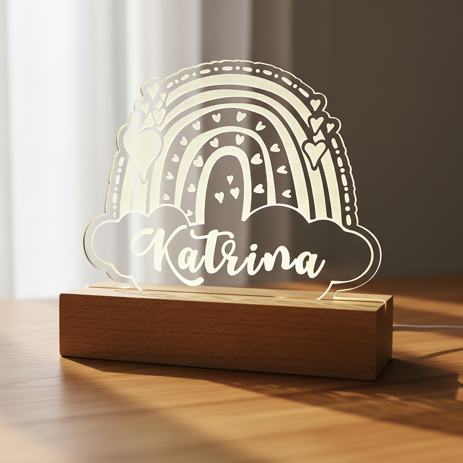 Kids Night Light – Wooden Base Engraved LED Lamp (Bear, Unicorn, T-Rex & Rainbow) - Image 11
