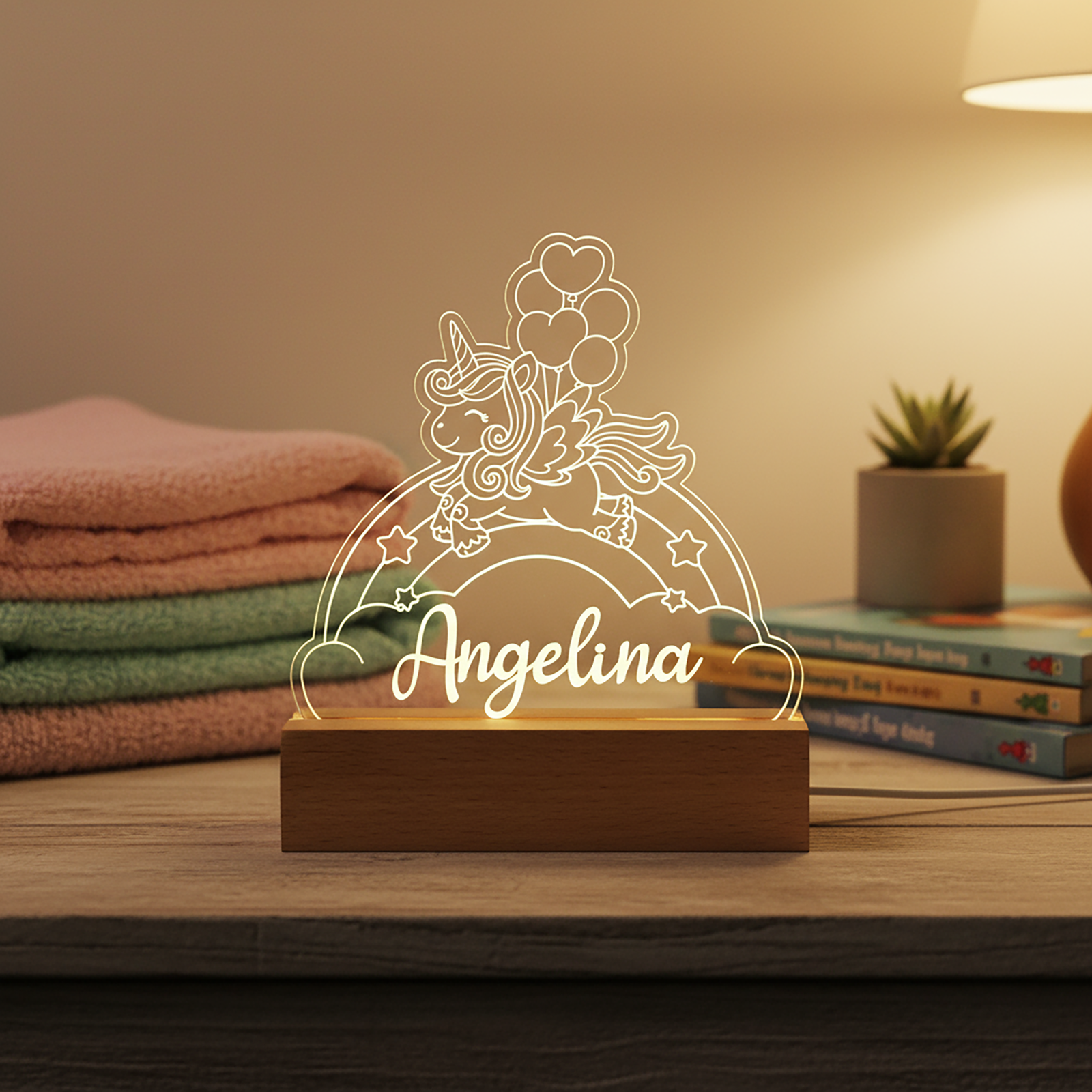 Kids Night Light – Wooden Base Engraved LED Lamp (Bear, Unicorn, T-Rex & Rainbow) - Image 3