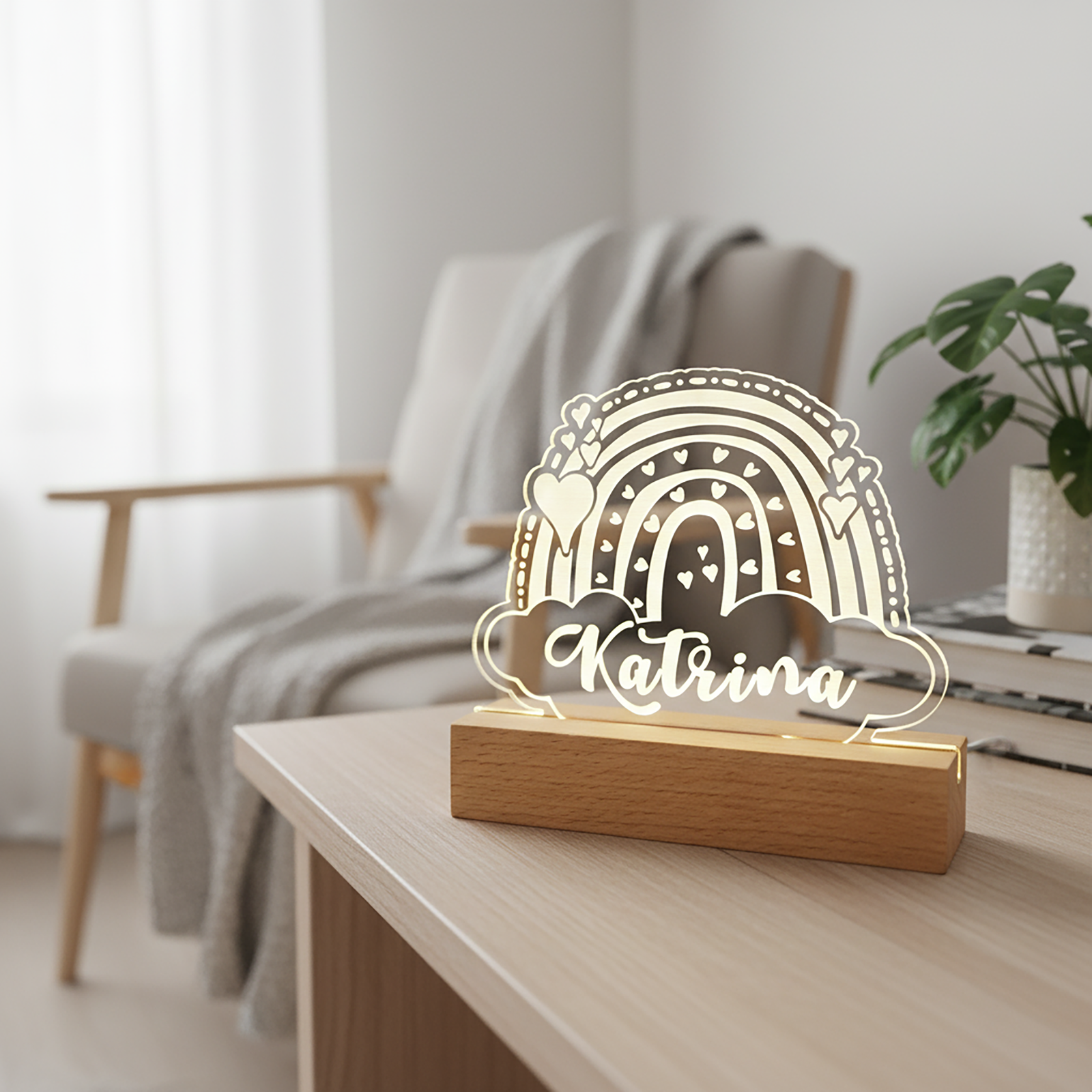 Kids Night Light – Wooden Base Engraved LED Lamp (Bear, Unicorn, T-Rex & Rainbow) - Image 10