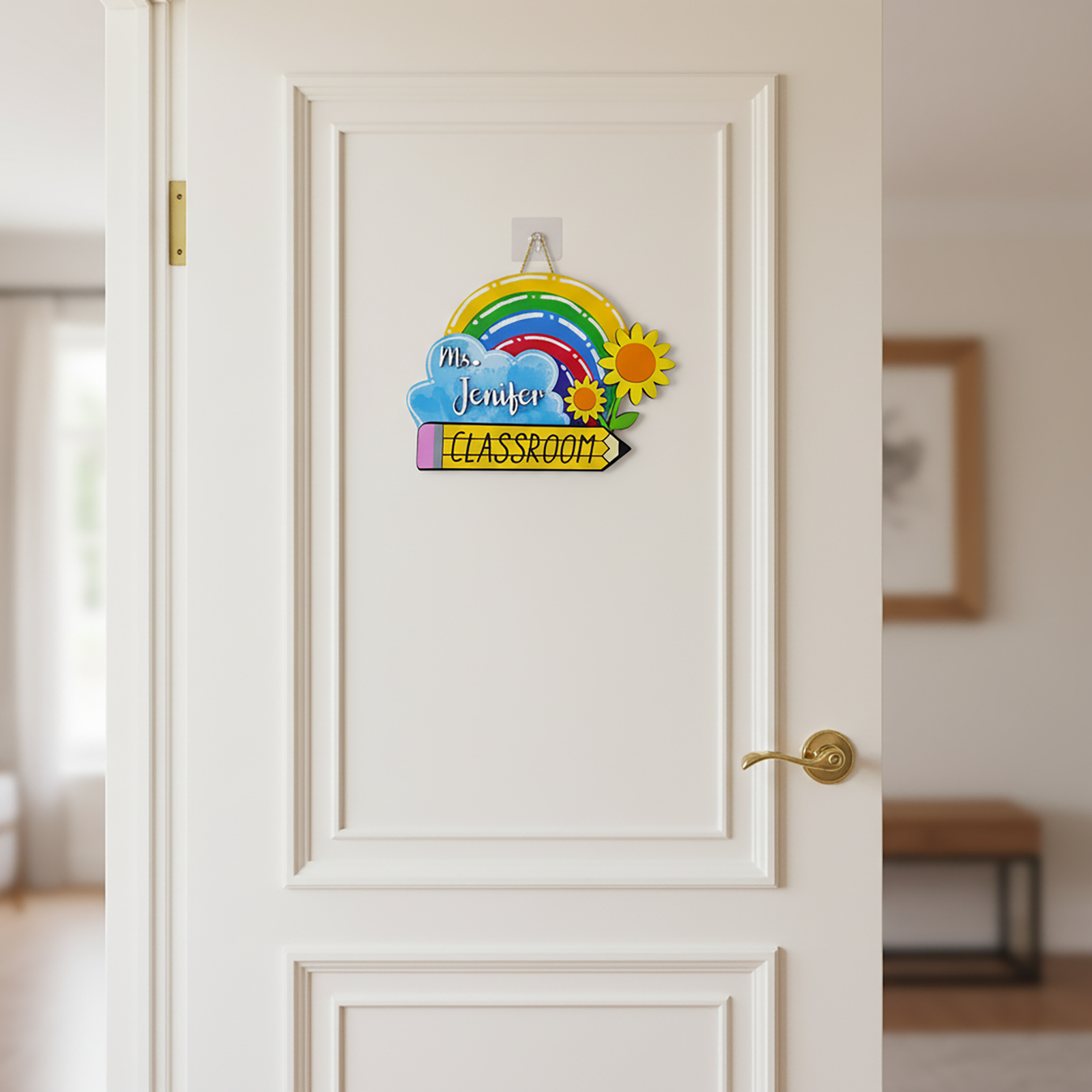 Personalized Classroom Door Sign – 3D Wooden Teacher Name Plaque with Sunflower, Rainbow & Pencil Decor - Image 2