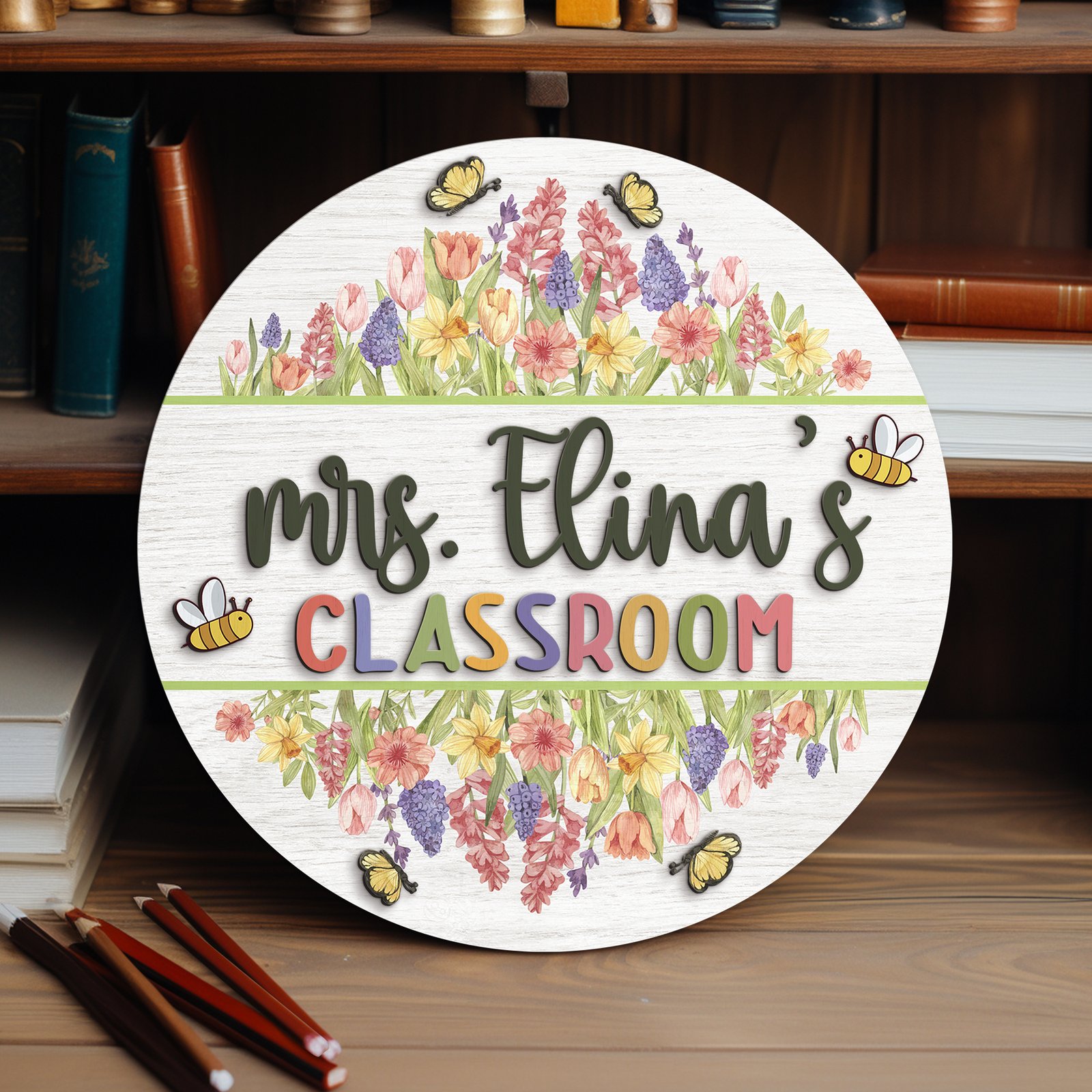 Custom 3D Teacher Door Hanger | Floral Wooden Classroom Sign - Image 5