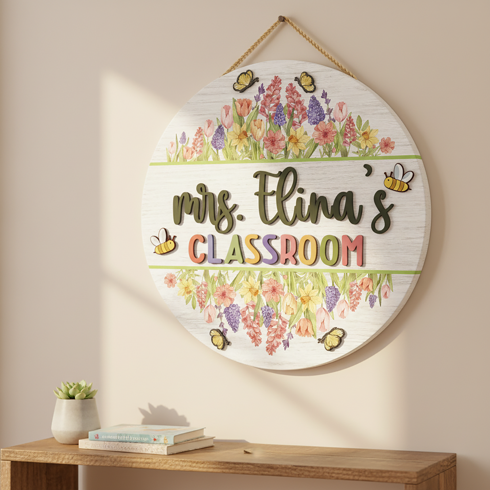 Custom 3D Teacher Door Hanger | Floral Wooden Classroom Sign - Image 2