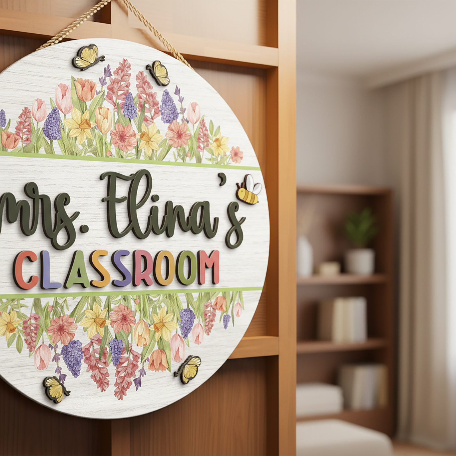 Custom 3D Teacher Door Hanger | Floral Wooden Classroom Sign - Image 4