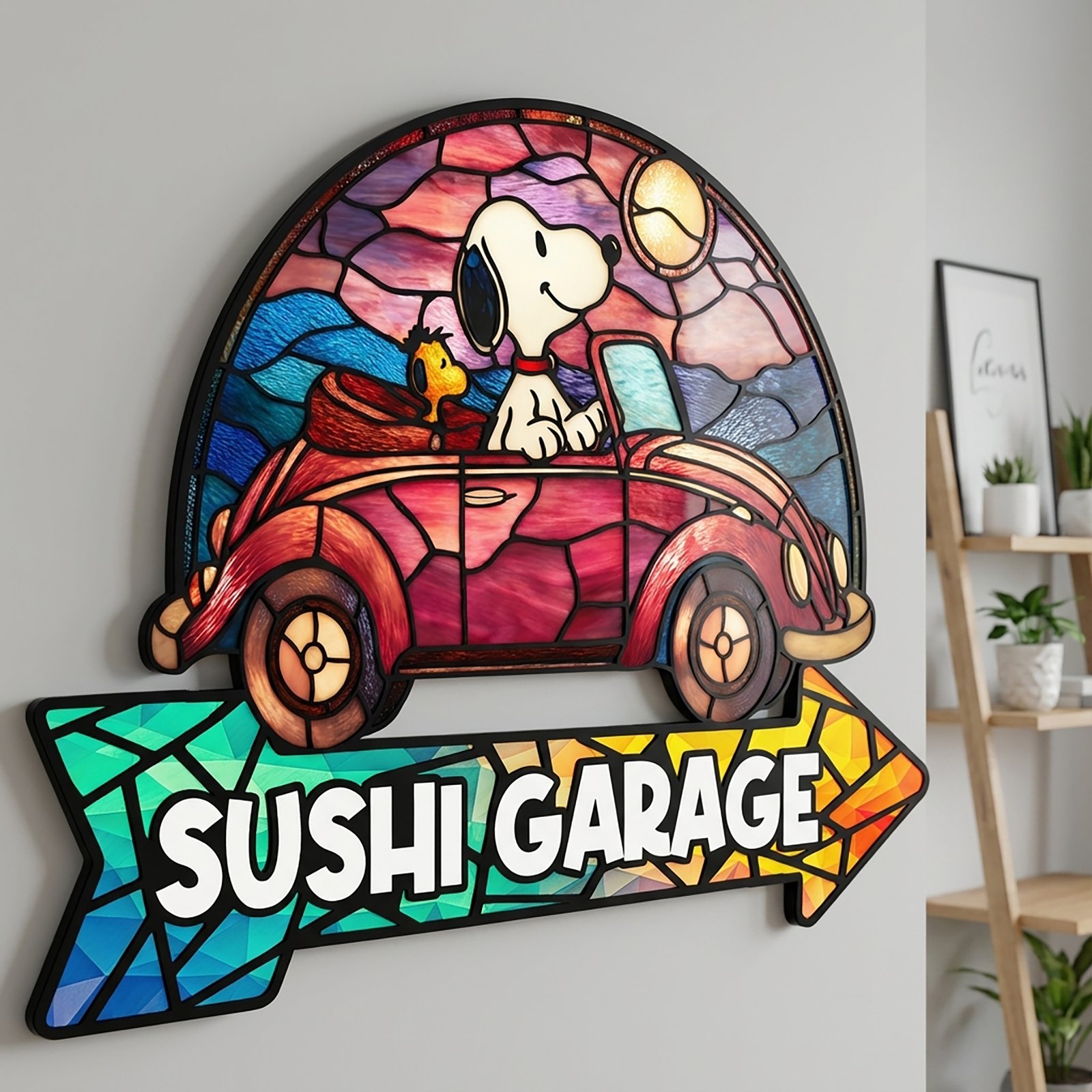 LED Garage Light Box Personalized – Cartoon Beagle Driving Car Sign with Arrow | Wooden Night Light for Diecast Car Display & Kids Room Decor - Image 7