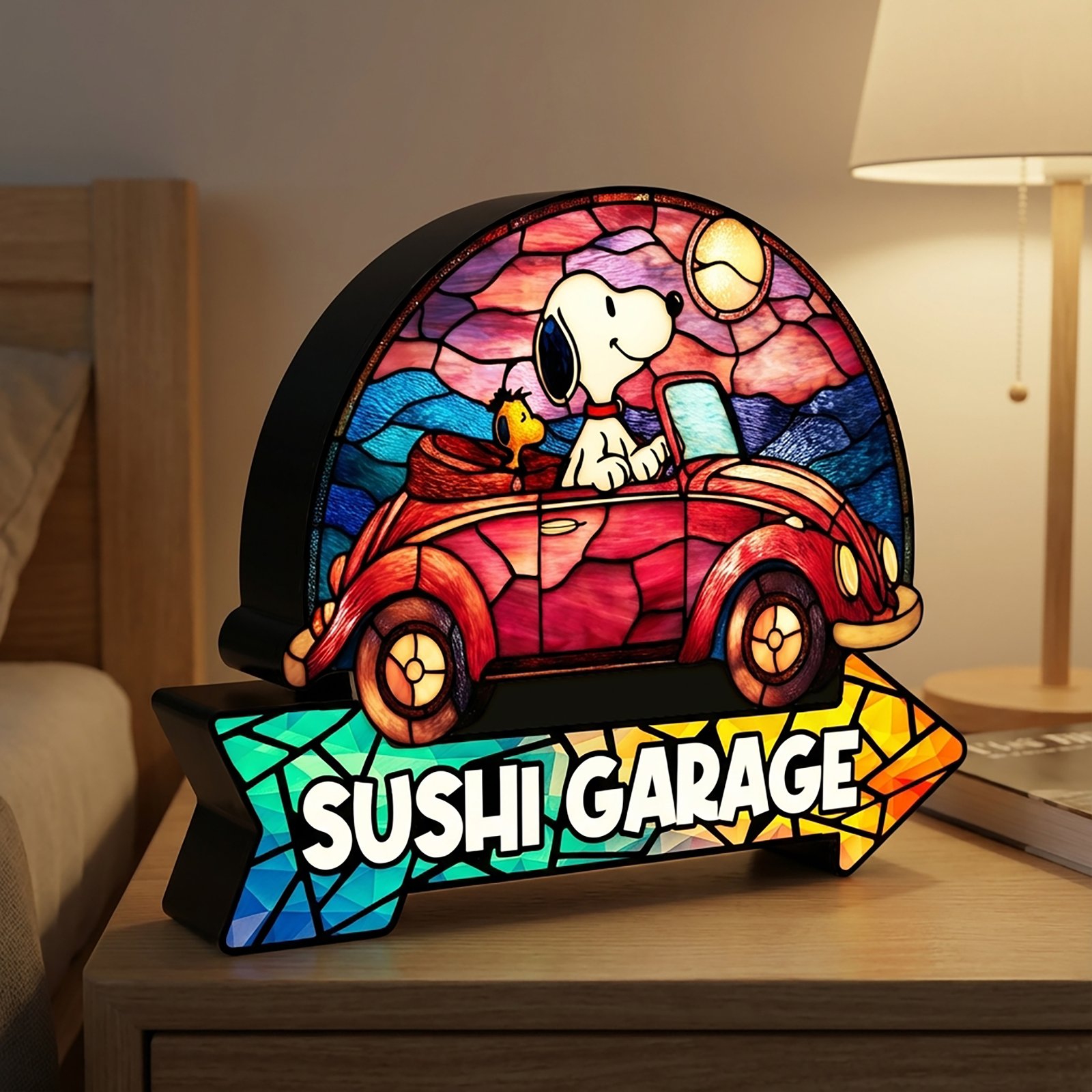 LED Garage Light Box Personalized – Cartoon Beagle Driving Car Sign with Arrow | Wooden Night Light for Diecast Car Display & Kids Room Decor - Image 6