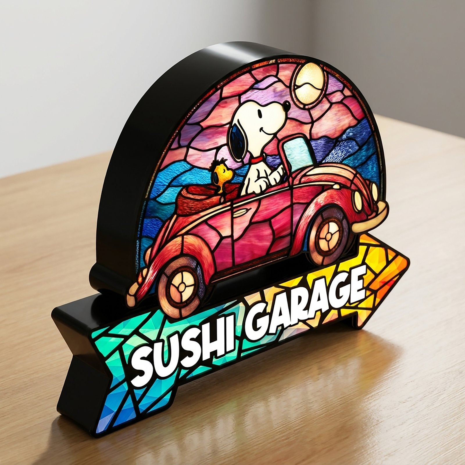 LED Garage Light Box Personalized – Cartoon Beagle Driving Car Sign with Arrow | Wooden Night Light for Diecast Car Display & Kids Room Decor - Image 8